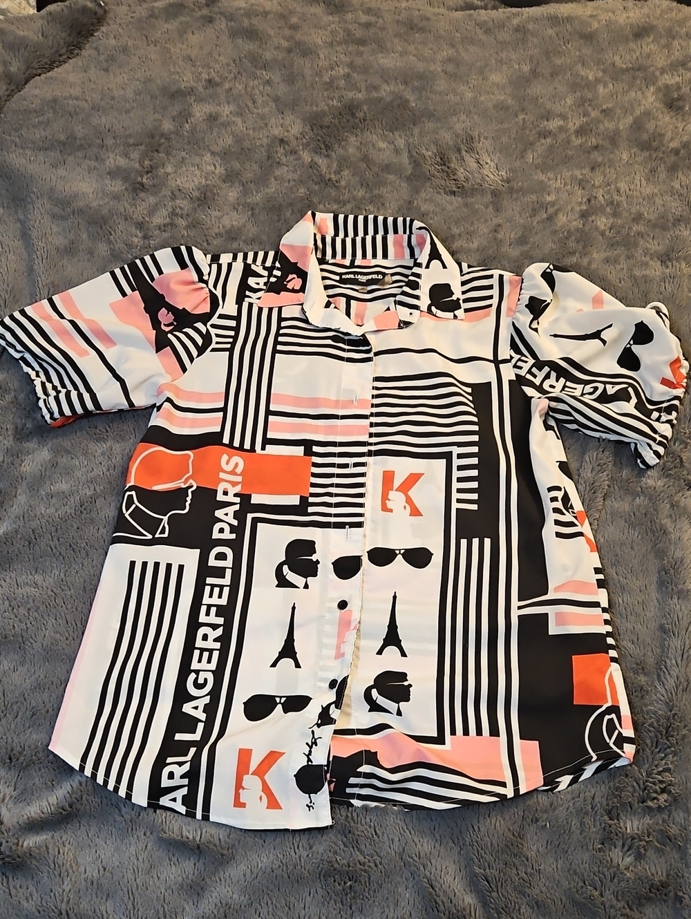 Karl Lagerfeld Black White Pink Orange Graphic Button Front Shirt Could Fit A Sm